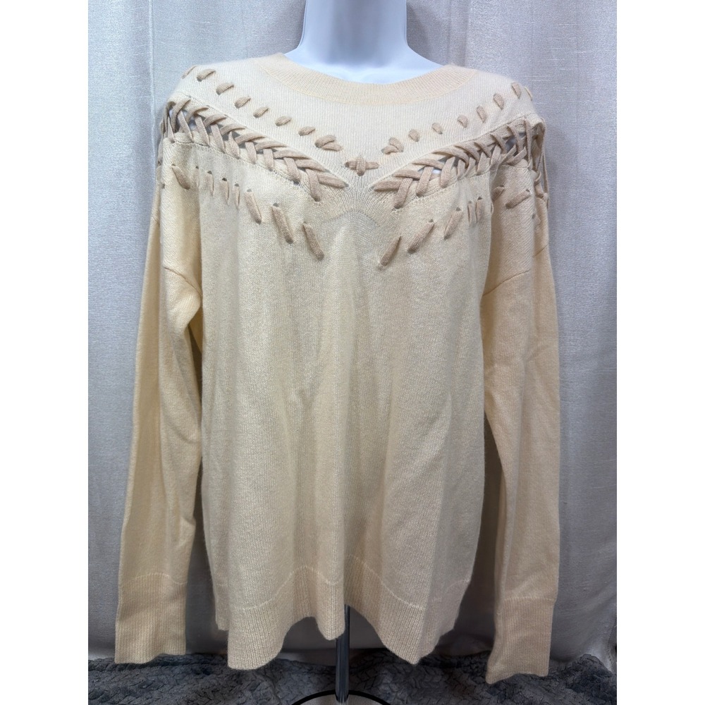 White + Warren 100% Cashmere Braided Yoke Sweater Cream Womens Medium